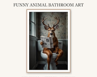 Funny Deer Toilet Print | Vintage Bathroom Wall Art | Eclectic Floral Decor