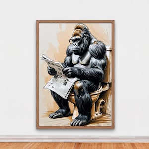 Arte de esboço de gorila vintage lendo jornal no banheiro, arte engraçada de berçário de gorila, impressão de arte surreal, pôster retrô, arte de parede para impressão
