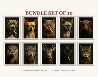 Funny Smoking Animals Wall Art Set of 10 | Moody Vintage Decor | Digital Download