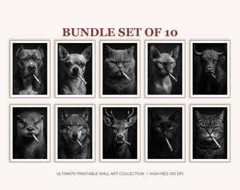 Funny Smoking Animals Wall Art Set of 10 | Moody Vintage Decor | Digital Download