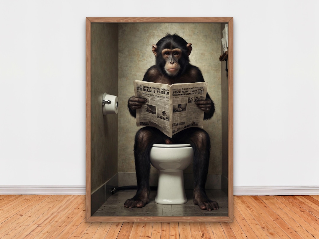 Adorable Monkey Reading Newspaper on Toilet, Funny Bathroom Wall Decor ...