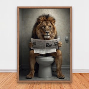 Funny Lion on Toilet Reading Newspaper, Funny Bathroom Wall Decor, Funny Animals Print, Home Printables, AI Digital Art