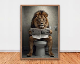Funny Lion on Toilet Reading Newspaper, Funny Bathroom Wall Decor, Funny Animals Print, Home Printables, AI Digital Art