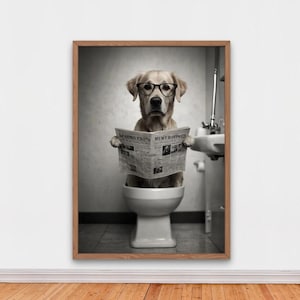 Funny Golden Retriever on Toilet, Funny Bathroom Wall Decor, Funny Animals Print, Golden Retriever Gifts