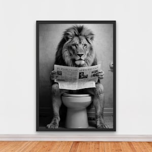 Funny Lion on Toilet, Black and White Humorous Bathroom, Funny Animals Print, Home Printables, AI Digital Art
