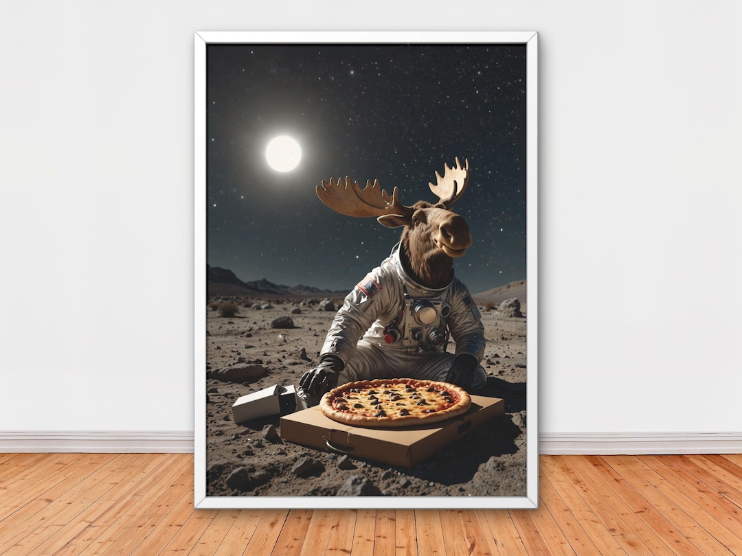 Funny Moose Astronaut Wall Art - Unique Kids Room Print With Pizza on ...
