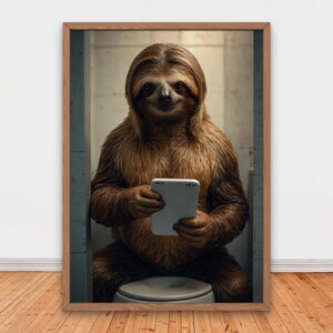 Smiling Sloth on Toilet Holding Smartphone, Funny Bathroom Wall Decor, Funny Animals Print, Home Printables, AI Digital Art