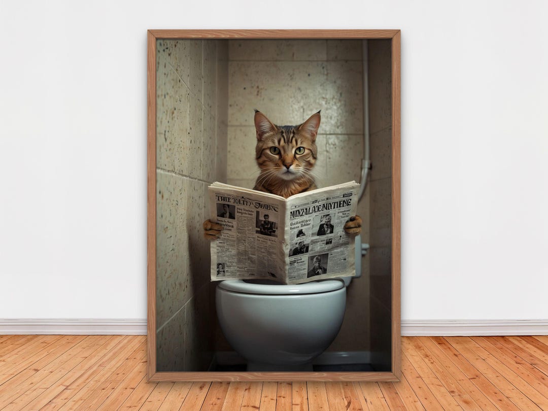 Funny Tabby Cat Reading Newspaper on Toilet Print | Bathroom Wall Art ...