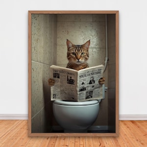 Humorous Cat Reading Newspaper on Toilet, Funny Bathroom Wall Decor, Funny Animals Print, Home Printables, AI Digital Art, Funny Cat Print