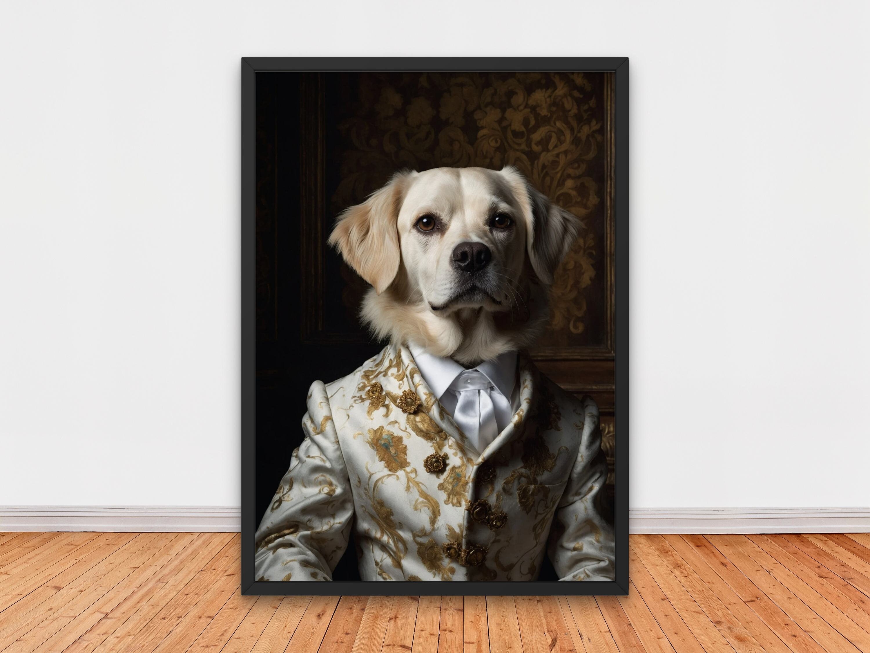 堂々としたゴールデンレトリバーの肖像 | 金色のスーツを着た犬の版画