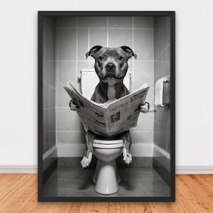 Funny Pitbull Reading Newspaper on Toilet, Funny Bathroom Wall Decor, Funny Animals Print, Home Printables, Adorable Dog Printable