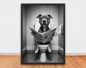 Funny Pitbull Reading Newspaper on Toilet, Funny Bathroom Wall Decor, Funny Animals Print, Home Printables, Adorable Dog Printable