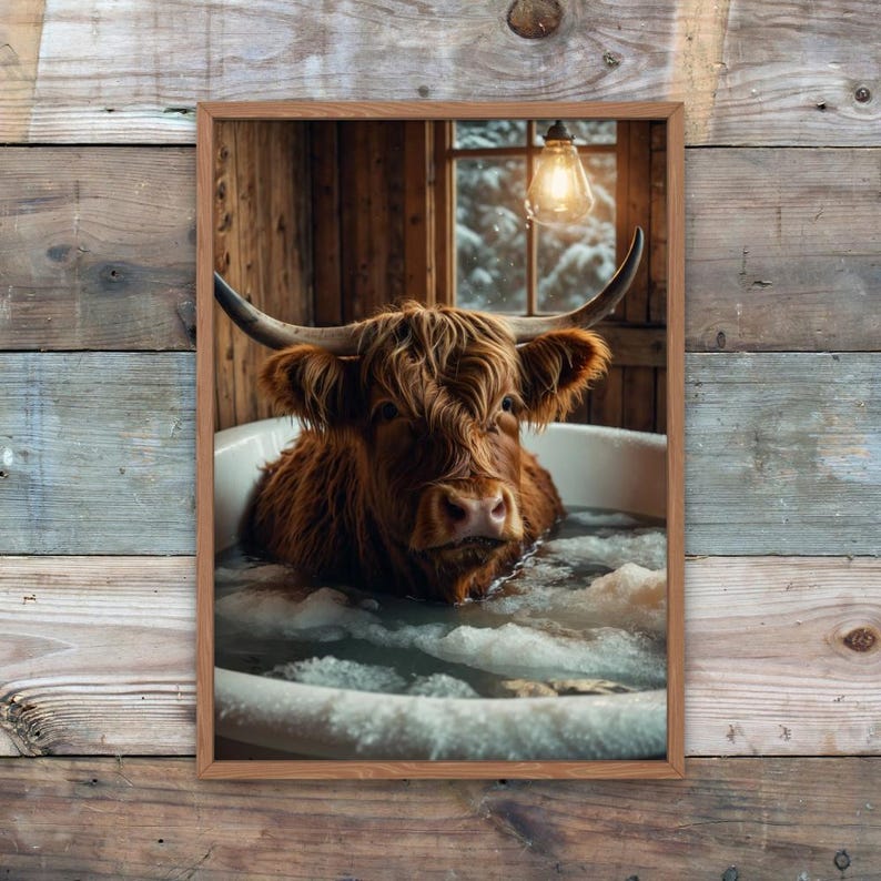 Highland Cow Bathroom Wall Art Baby Cow in Bathrobe Funny