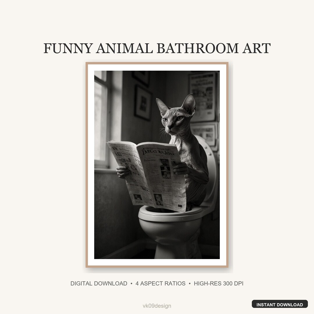 Funny Sphynx Cat Bathroom Wall Art | Hairless Feline on Toilet | Black ...