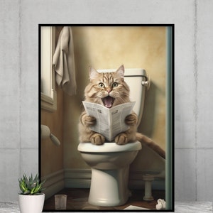 Adorable Cat Sitting on the Toilet Reading a Newspaper,Funny Bathroom Wall Decor, Funny Animals Print, Home Printables, AI Digital Art