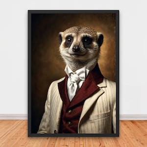 Distinguished Renaissance Meerkat Portrait, Renaissance Portrait Painting, Quirky Animal Home Decor, Animal Head, Funny Meerkat Wall Art