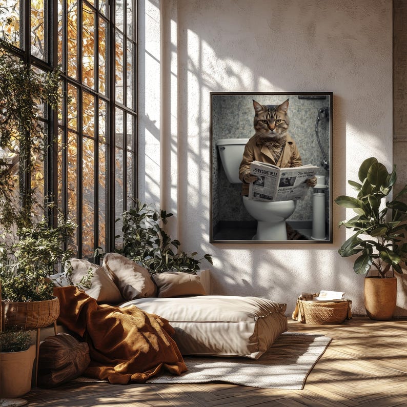 Funny Cat Toilet Wall Art | Cat in Trench Coat Print | Eclectic ...