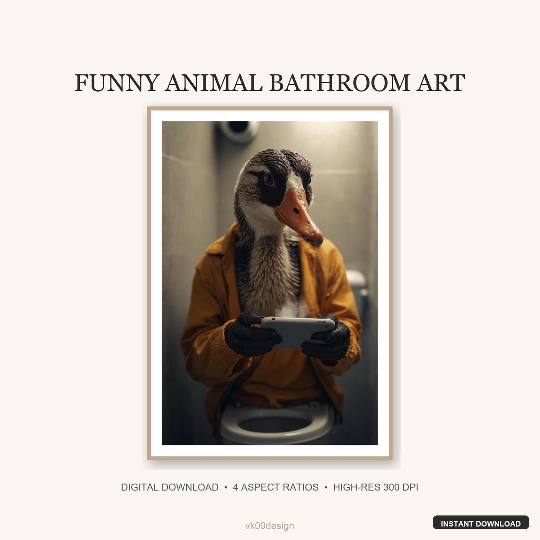 Funny Duck Bathroom Wall Art | Bird in Yellow Raincoat on Toilet ...