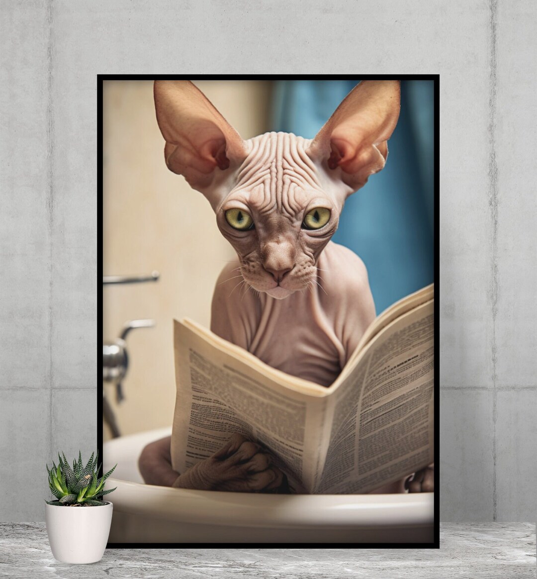 Funny Sphynx Cat in Sink Print | Realistic Hairless Animal Bathroom Art ...