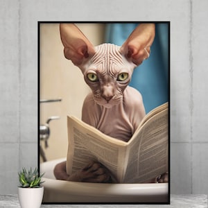 Adorable Sphynx sentado en el inodoro leyendo un periódico, decoración divertida de la pared del baño, impresión de animales divertidos, imprimibles para el hogar, arte digital con IA