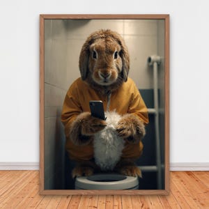 Hilarious Rabbit Bathroom Wall Art, Funny Animal Decor, Digital AI Printables, Funny Rabbit Print, Whimsical Bunny Phone on Toilet
