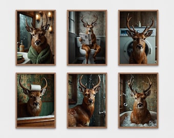 Funny Deer Bathroom Wall Art Set of 6, Funny Rustic Deer on Toilet Reading Newspaper, Funny Bathroom Wall Decor, Funny Animals Print