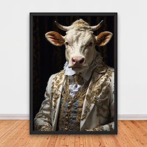 Elegant Renaissance Cow Portrait, Highly Detailed Artwork, Renaissance Portrait Painting, Quirky Animal Home Decor, Animal Head