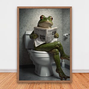 Funny Frog on Toilet Reading Newspaper, Funny Bathroom Wall Decor, Funny Animals Print, Home Printables, AI Digital Art