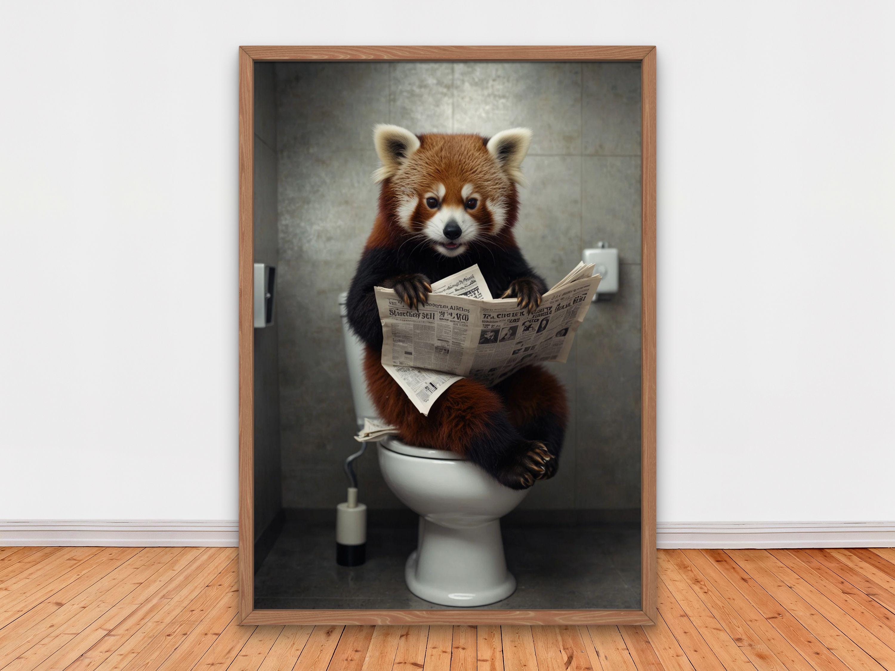 Funny Red Panda Reading Newspaper on Toilet Print | Bathroom Wall
