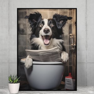 Border Collie assis sur les toilettes lisant un journal, décoration murale de salle de bain drôle, imprimé animal drôle, imprimables pour la maison, art numérique IA