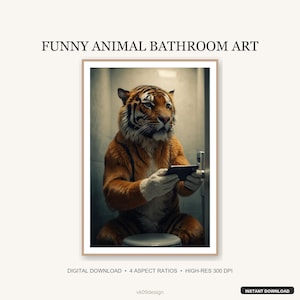 Funny Tiger on Toilet with Phone | Big Cat Scrolling Print | Jungle Bathroom Decor