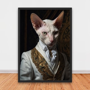 Majestic Renaissance Sphynx Cat Portrait, Renaissance Portrait Painting, Quirky Animal Home Decor, Animal Head, Funny Sphynx Cat Printable