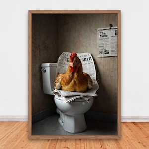 Funny Chicken on Toilet with Newspaper, Funny Bathroom Wall Decor, Funny Animals Print, Home Printables, AI Digital Art