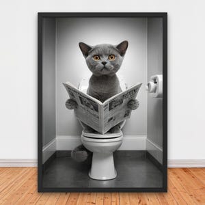 Funny Gray Cat Reading Newspaper on Toilet, Funny Bathroom Wall Decor, Funny Animals Print, Home Printables, Adorable Cat Printable