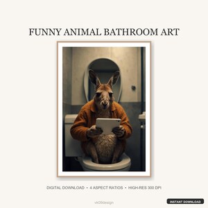 Funny Kangaroo on Toilet Wall Art | Cozy Animal in Orange Jacket with Tablet Print