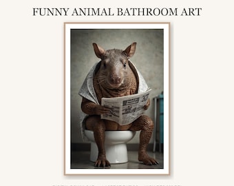 Grappig gordeldier badkamer muurkunst | Dierenkrant lezen op toilet | Eigenzinnige print