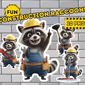 Construction Raccoon Clipart Set | Funny Plumber Animal PNG Bundle | Handyman Sublimation Design