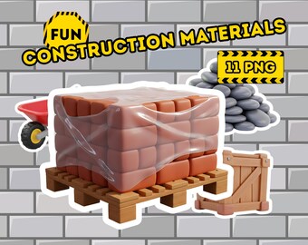 Construction Materials Clipart Set | Building Supplies PNG | Bricks Wood Wheelbarrow Bundle