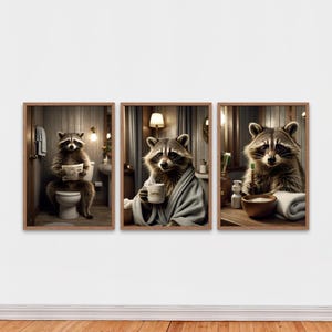 Funny Raccoon Bathroom Wall Art Set of 3 Prints, Raccoon on Toilet, with Coffee and Toothbrush, Digital Download Cozy Rustic Decor