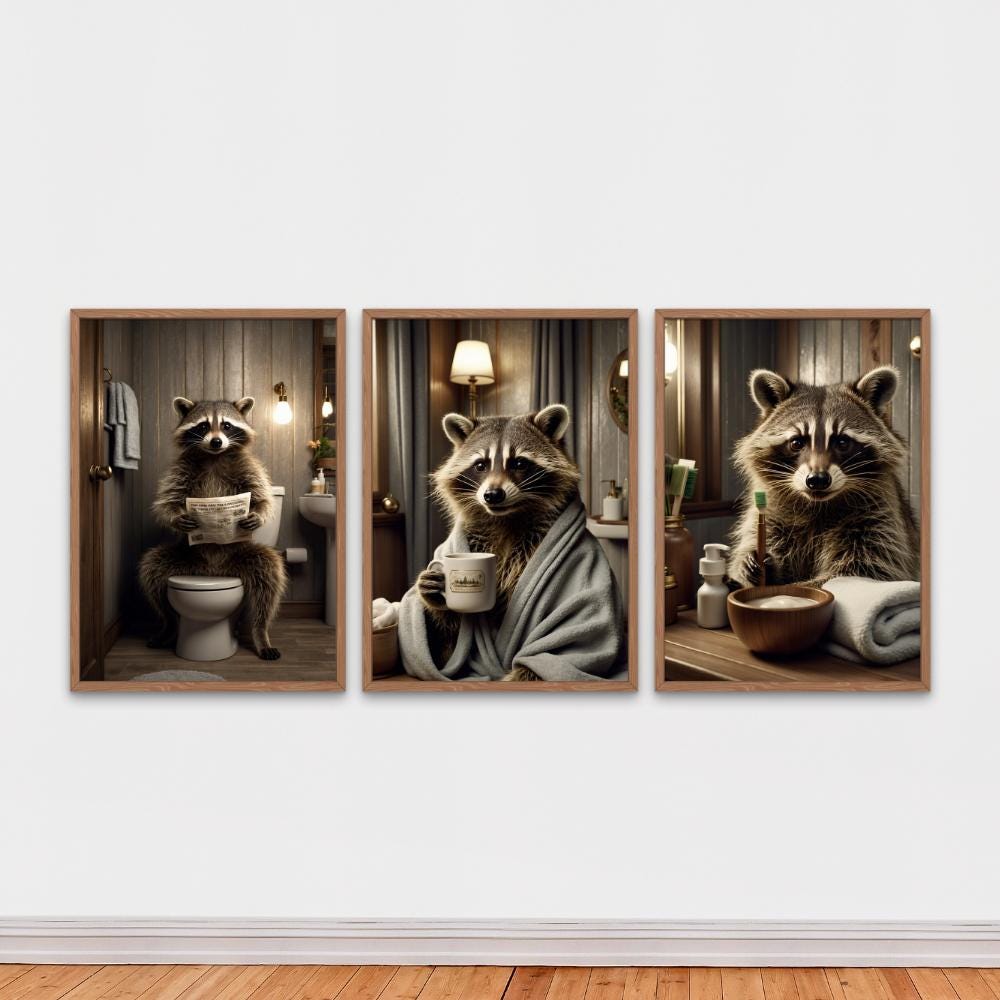 Funny Raccoon Bathroom Wall Art Set of 3 Prints, Raccoon on Toilet, with Coffee and Toothbrush, Digital Download Cozy Rustic Decor