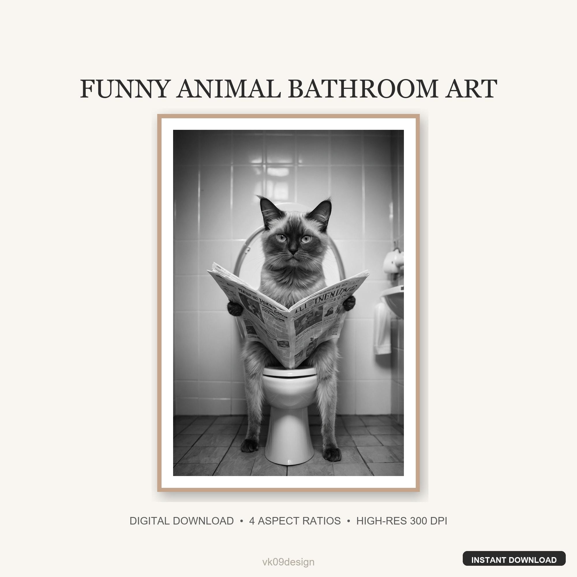 Funny Cat Reading Newspaper on Toilet - Adorable Bathroom Wall Decor ...