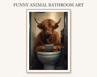 Funny Highland Cow Reading on Toilet Print | Rustic Farmhouse Bathroom Wall Art | Digital Download
