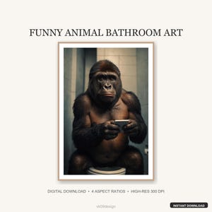 Divertido gorila en el inodoro con teléfono / Impresión de espalda plateada con desplazamiento / Decoración de baño masculina