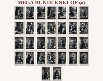 Funny Animal Bathroom Black and White Mega Bundle Set of 90 Prints Wall Art