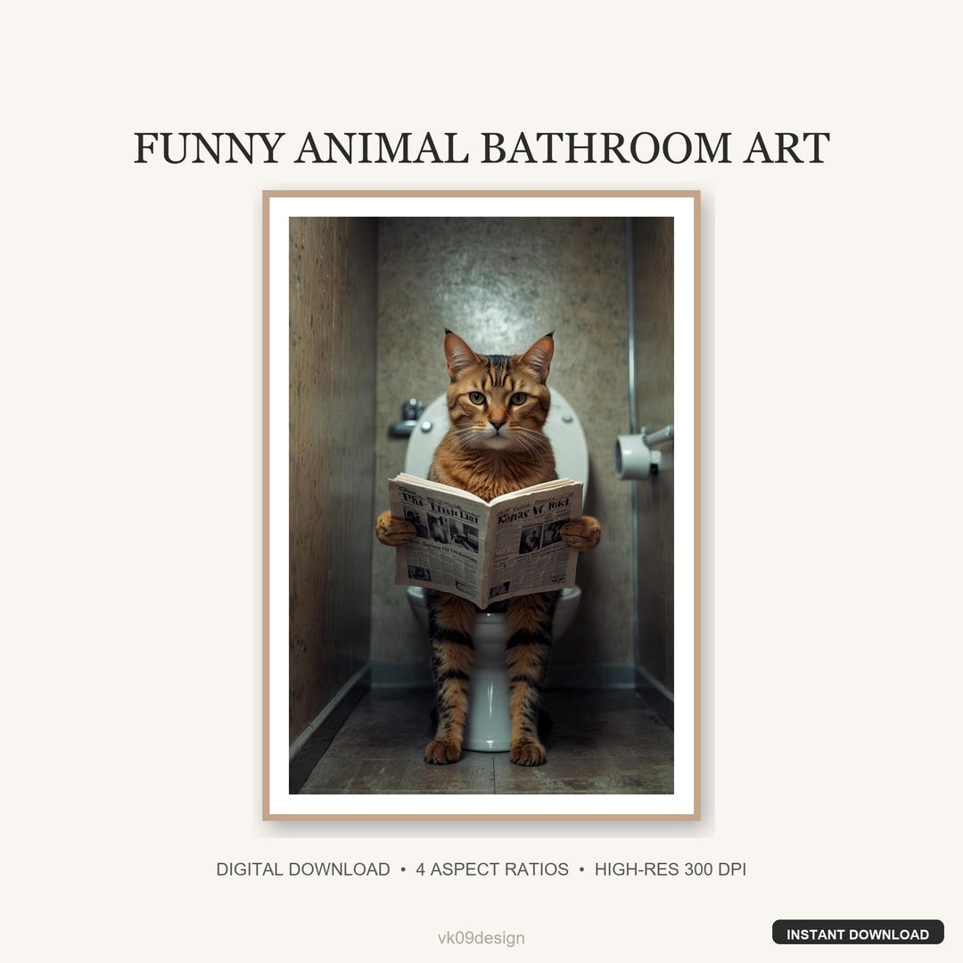 Funny Tabby Cat on Toilet Wall Art | Orange Cat Reading Newspaper Print ...