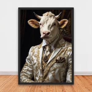Regal Renaissance Cow Portrait, Renaissance Portrait Painting, Quirky Animal Home Decor, Animal Head, Cow-Themed Art