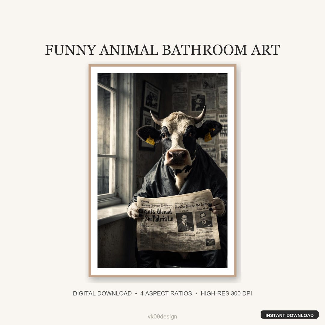 Funny Cow Bathroom Wall Art | Black and White Holstein on Toilet | Farm ...