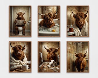 Funny Highland Cow on Toilet, Wall Art Set of 6 Quirky Farm Animal Prints, Rustic Farmhouse Decor, Digital Download, Highland Cattle Posters