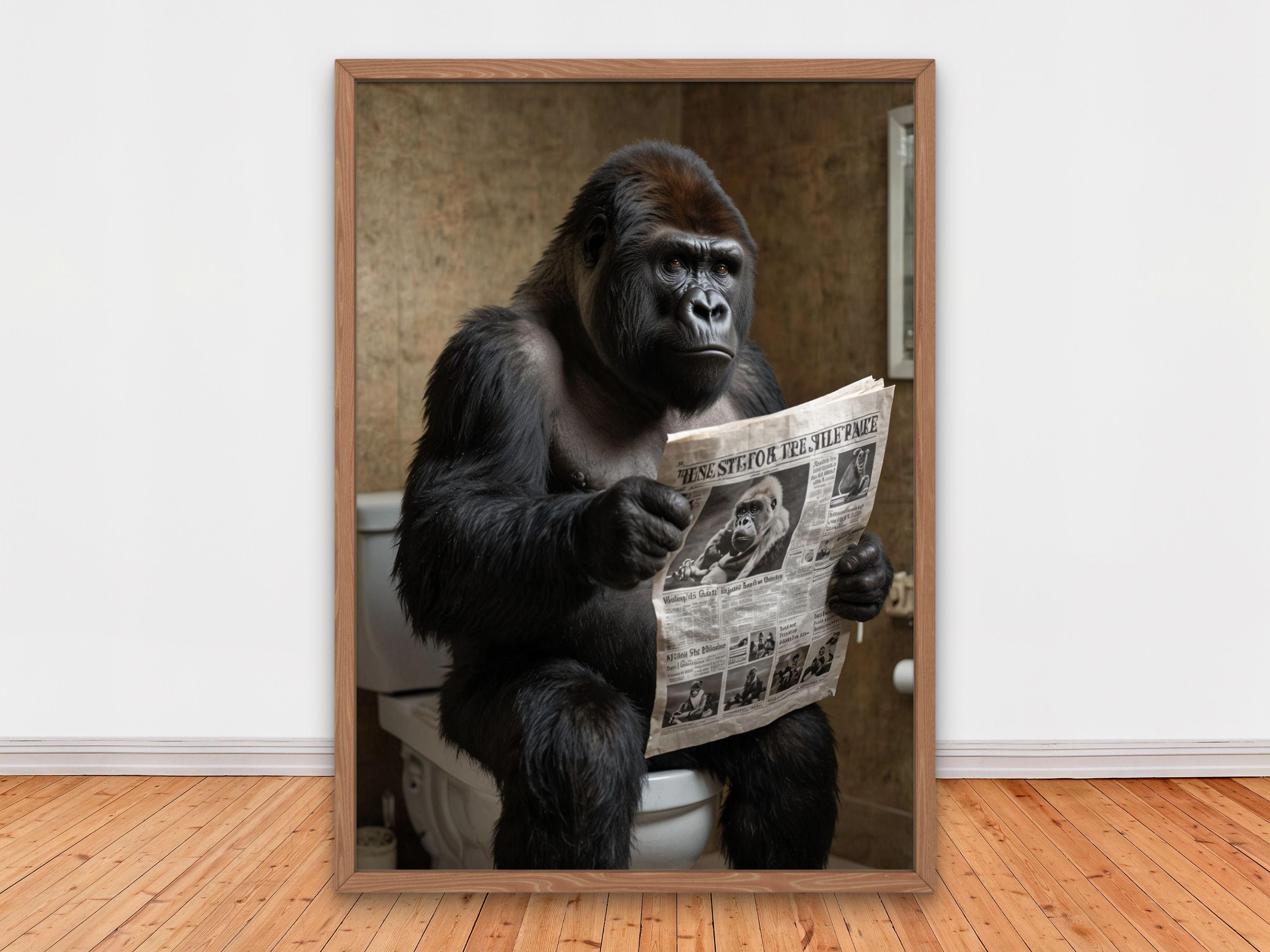 Humorous Gorilla Reading Newspaper on Toilet, Funny Bathroom Wall Decor, Funny Animals Print, Home Printables, AI Digital Art