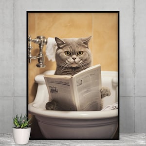 Adorable Cat Sitting on the Toilet Reading a Newspaper,Funny Bathroom Wall Decor, Funny Animals Print, Home Printables, AI Digital Art